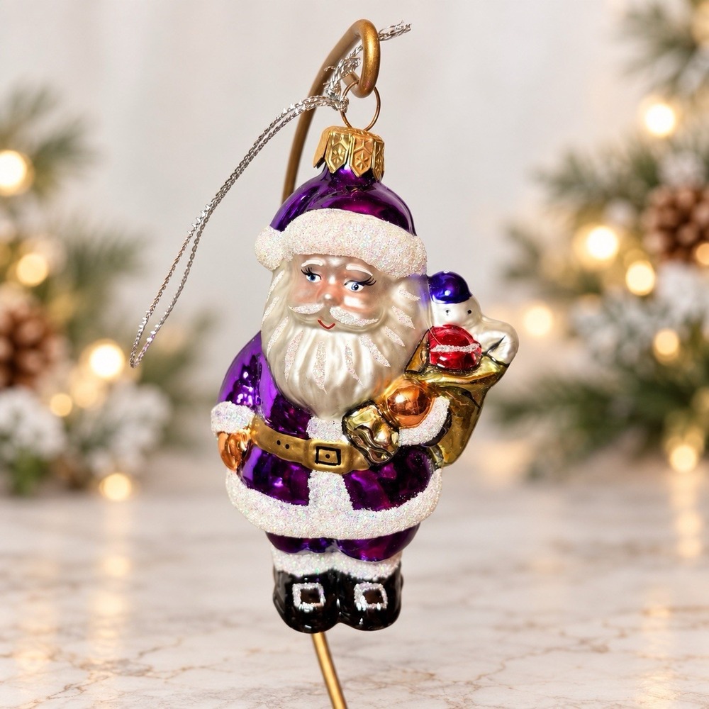 Christopher Radko Purple Santa Toy Sack Glass Christmas Ornament 4.5
